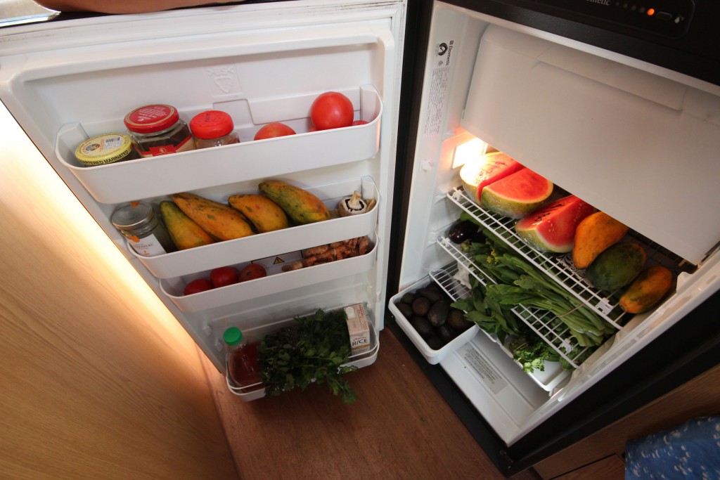 Unser prall gefüllter Kühlschrank. Oh ja, die Wassermelone hab ich im Artikel vergessen.